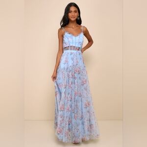 NWT Lulus Sultry Luxury Blue Floral Print Mesh Tiered Bustier Maxi Dress